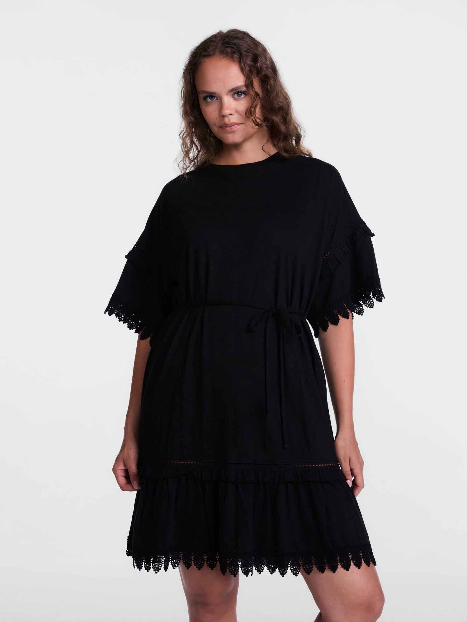 Scenario Women's Lace Trim Knit Dress with Short Sleeves, Sizes XS-XXXL