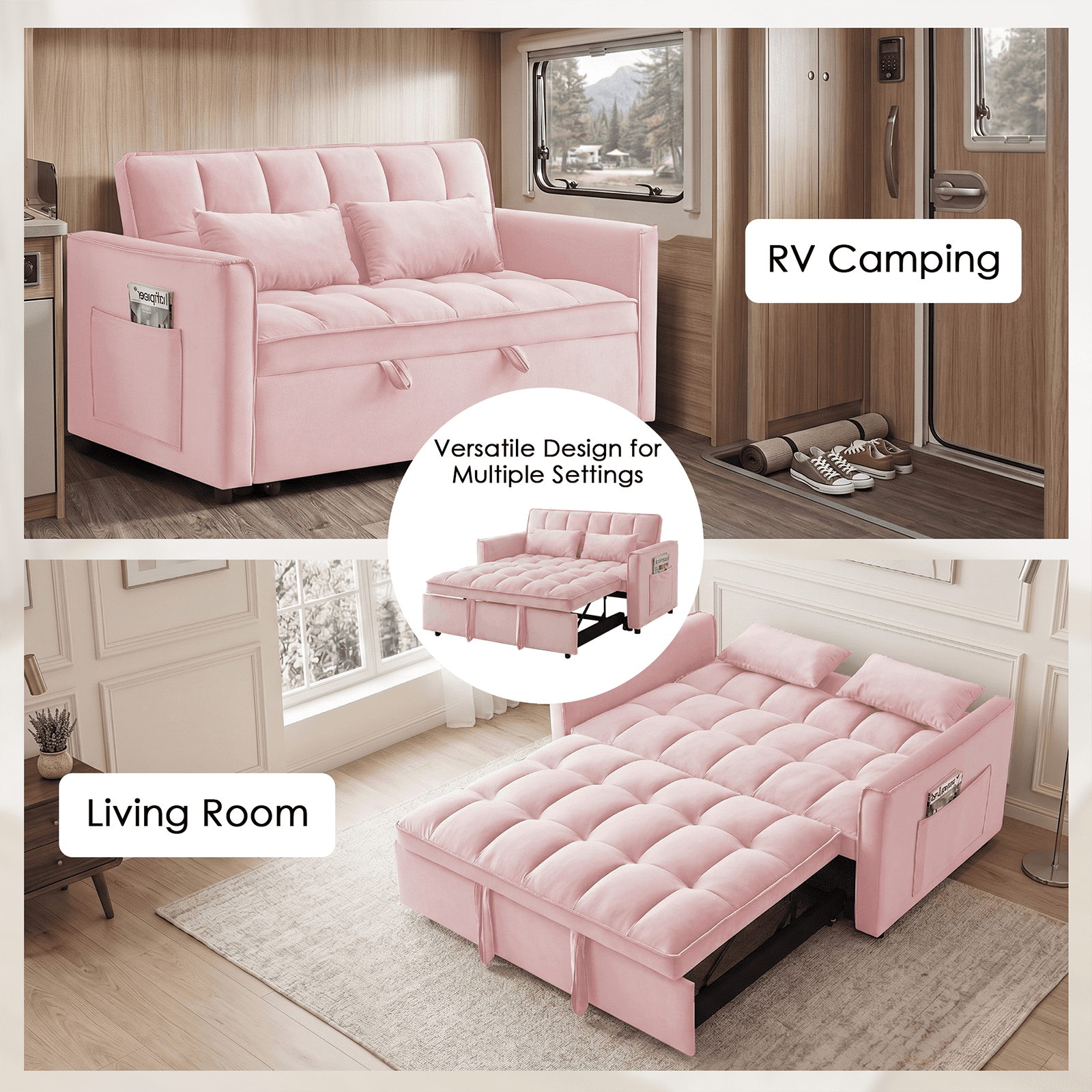 Amuille 3 in 1 Convertible Sleeper Sofa Bed, 54" Velvet Fabric Loveseat, Pull Out Couch for Living Room and Apartment (Pink)