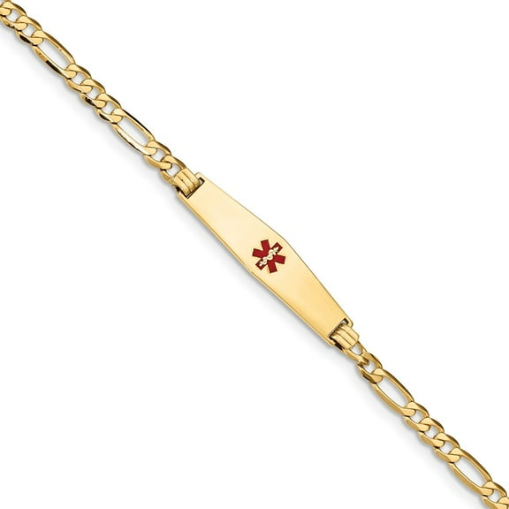 Primal Gold 14 Karat Yellow Gold Medical Soft Diamond Shape Red Enamel Flat Figaro Link ID Bracelet