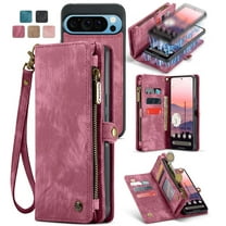 Dteck Wallet Case for Google Pixel 9 Pro / 9, Zipper Purse Folio Leather Wallet with Card Holder Wrist Strap Detachable Magnetic Shockproof Protective Back Case for Google Pixel 9 Pro / 9 5G, Red