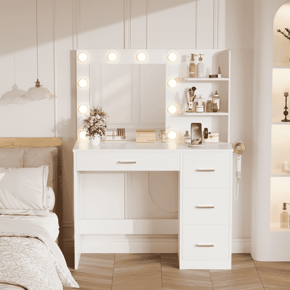 Homall Makeup Vanity Desk with LED Lighted Mirror and Power Outlet, Stylish Functional Vanity Table for with 4 Drawers and 3 Shelves for Bedroom, White