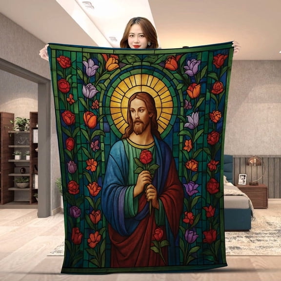 Jesus Christian Eve Floral Vintage Fleece Blanket, Christian Sherpa Throw, Merry Christmas Jesus Stained Glass Blanket