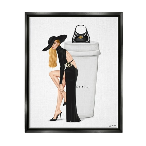 Stupell Industries Trendy Girl & Coffee Cup Food & Beverage Painting Black Floater Framed Art Print Wall Art, 17 x 21