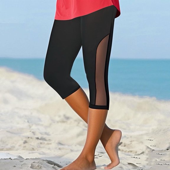 Yourumao Womens Capri Leggings Mesh Patch High Waist Capris Stretchy Sheer Solid Tights Summer Lounge Outdoor Legging