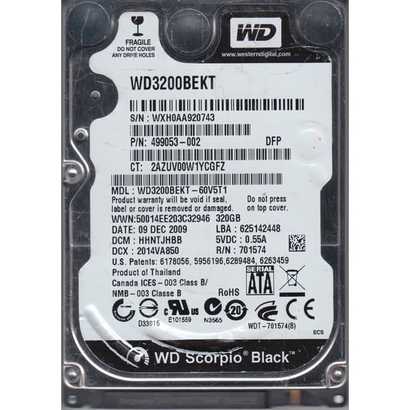 WD3200BEKT-60V5T1, DCM HHNTJHBB, Western Digital 320GB SATA 2.5 Hard Drive