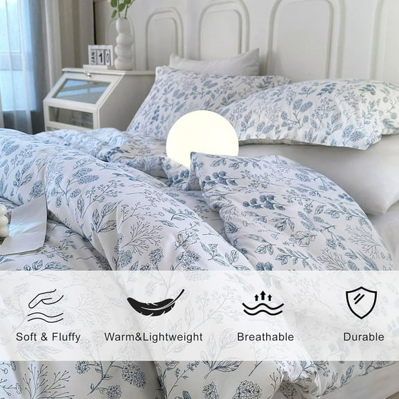 Queen Comforter Set White and Blue Floral Bedding Set for Girls Soft Microfiber Vintage Garden Floral Comforter Set with 2 Pillowcases Botanical Bedding Set for All-Season