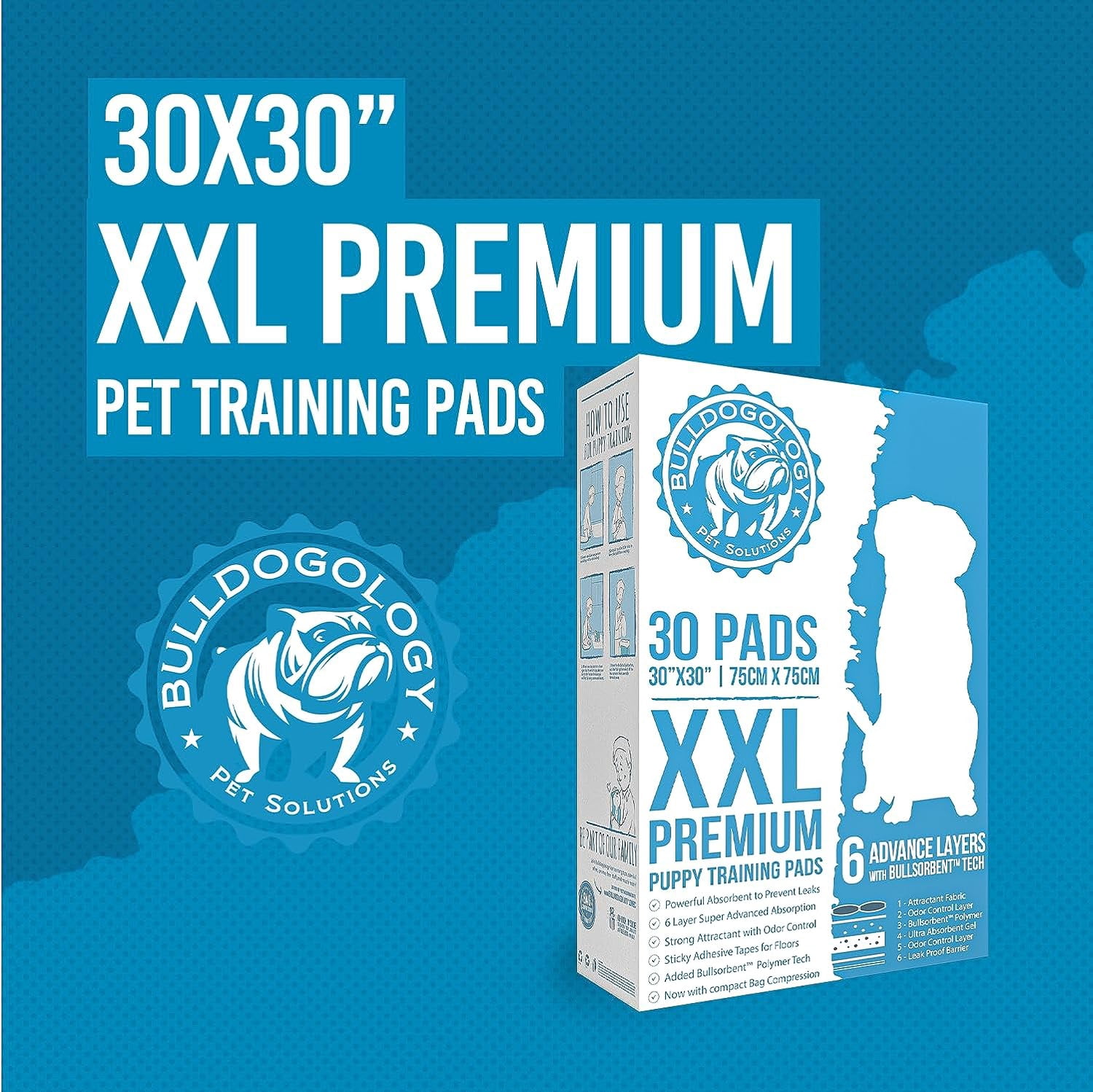Bulldogology Absorbent XXL Pee Pads for Dogs, 30x30, 6-Layer Odor Control, 30-Count, White