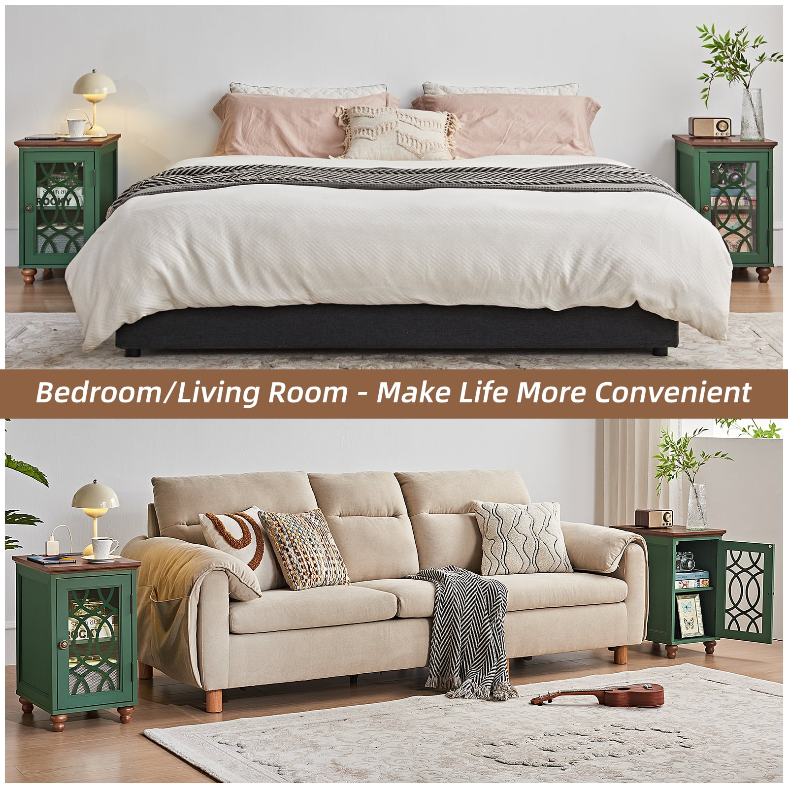 Modern Bedside Table Set for Small Spaces - 2 Narrow Nightstands with Charging Station, Glass Door & Adjustable Storage, Green
