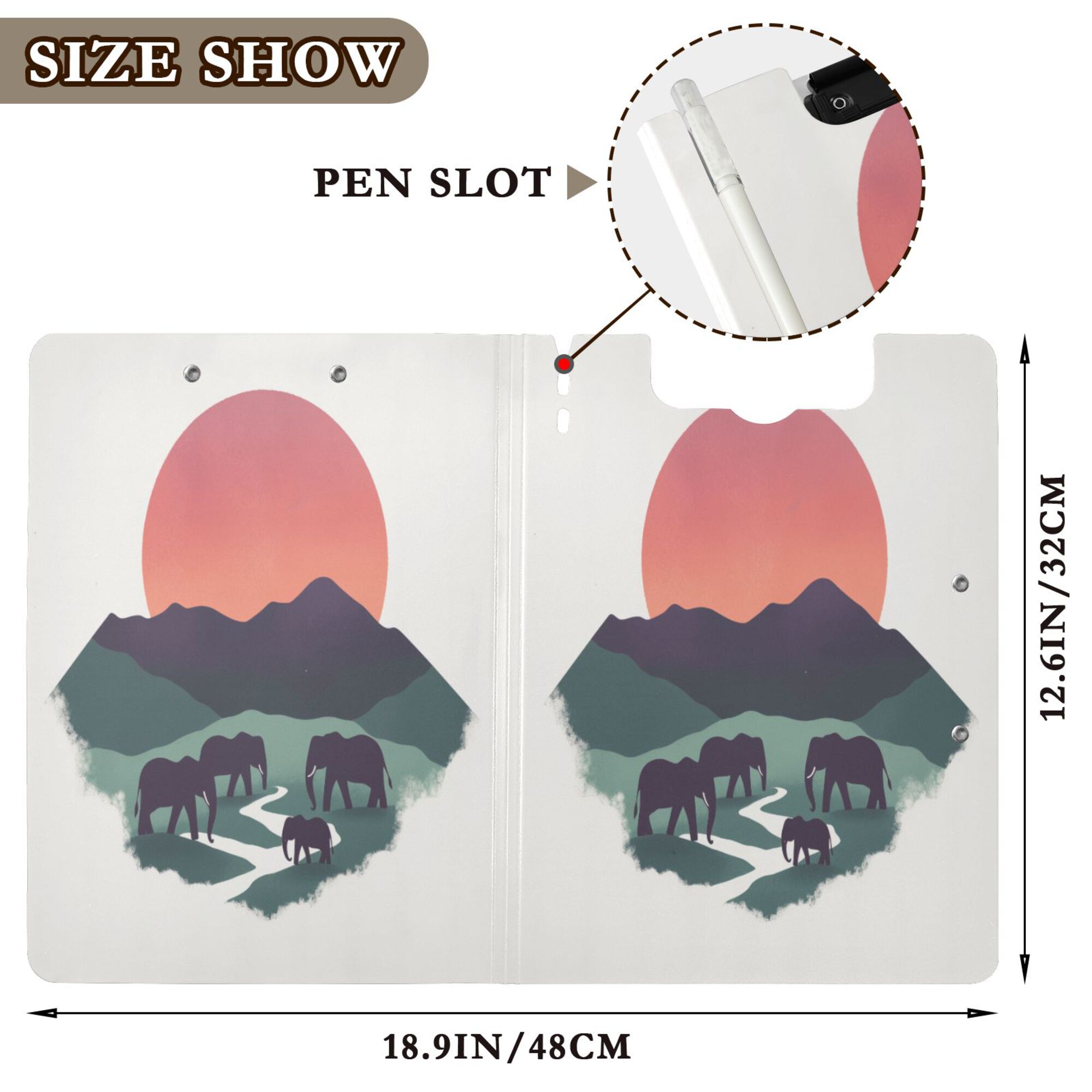 FORMRS A4 Clipboard Folder with Pen Holder Horizontal Foldable School Office Binder, Abstract Elephant