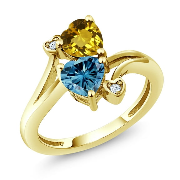 Gem Stone King 10K Yellow Gold Fashion Right-Hand Ring Heart Shape Yellow Citrine and Vivid Persian Blue Moissanite (1.48 Cttw, Size 5)