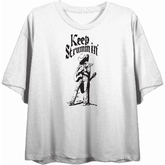 Keep Strummin' Cowboy Americana Women's White Crew Neck Short Sleeve Crop Top-Medium