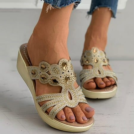 

uikmnh Women Shoes Women s Wedges Causal Shoes Water Drop Wave Point Bohemian Style Slope Heel Casual Shoes Slippers Sandals Gold 7.5
