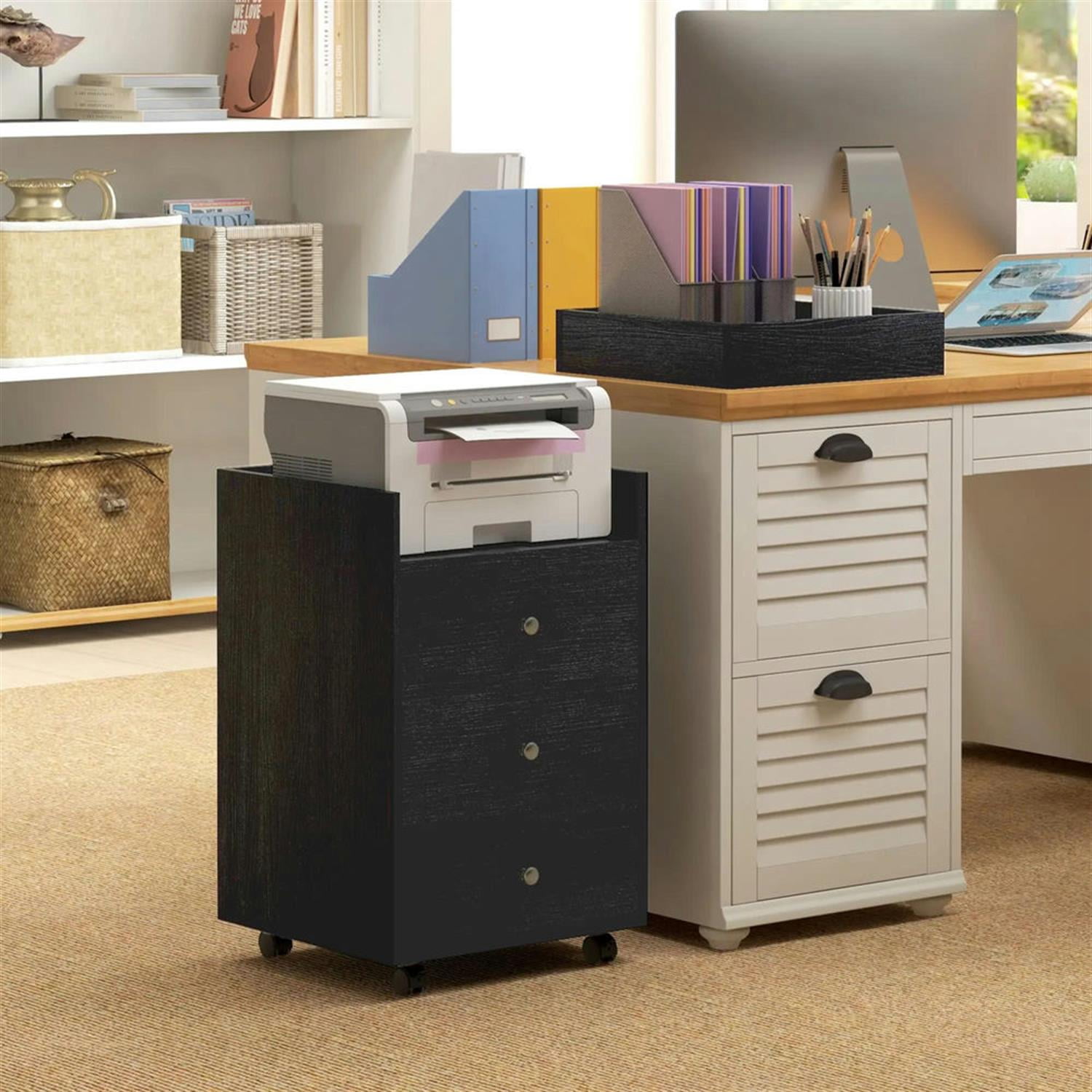 Demi Bonn Rolling Filing Cabinet with Castors, Modern 3 Drawer File Cabinet with Top Tray Under for Home Office, Desk Printer Stand, Brown