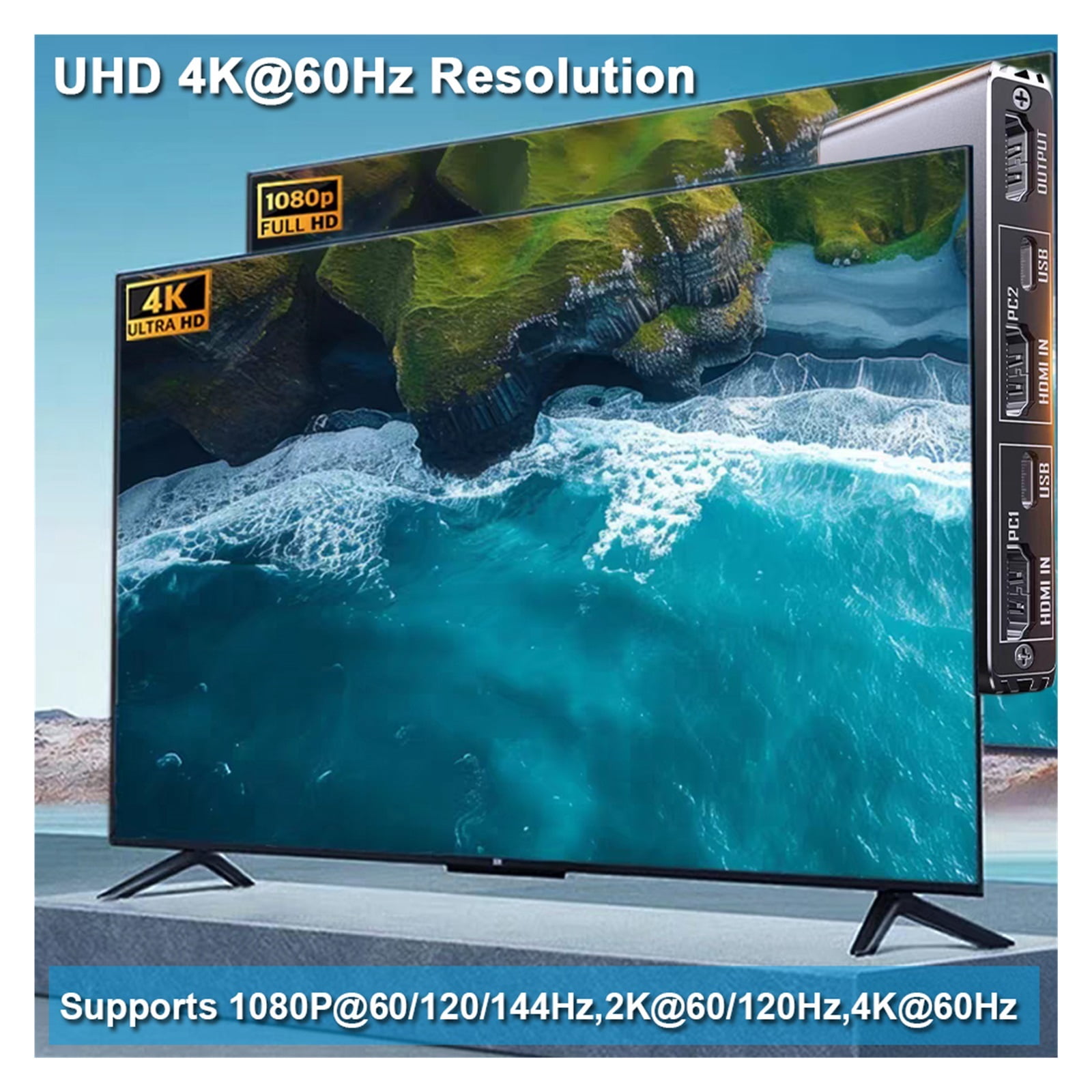 4K 60Hz KVM Switch 2 PC 1 Monitor, Ultra HD Video Hub for 4 USB Devices
