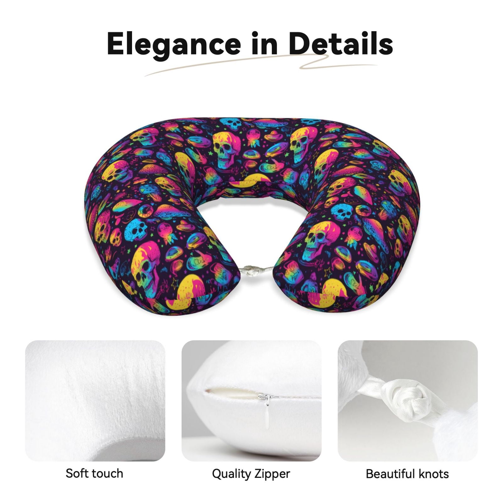 Xecao colorful Skull Retro Print Memory Foam Cervical Neck Pillow Versatile U-Shaped Pillows for Home,Office,Camping,Travelling,Soft Washable Cover