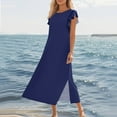thumbnail image 4 of Sundress, Casual Pleated Sleeves Loose Fit Round Neck Slit Beach Sundress Party Vacation Long Flowy Maxi Dress With Pockets Formal Women Wedding Guest Royal Dresses Tennis (XXL, Dark Blue) ZMTing, 4 of 4