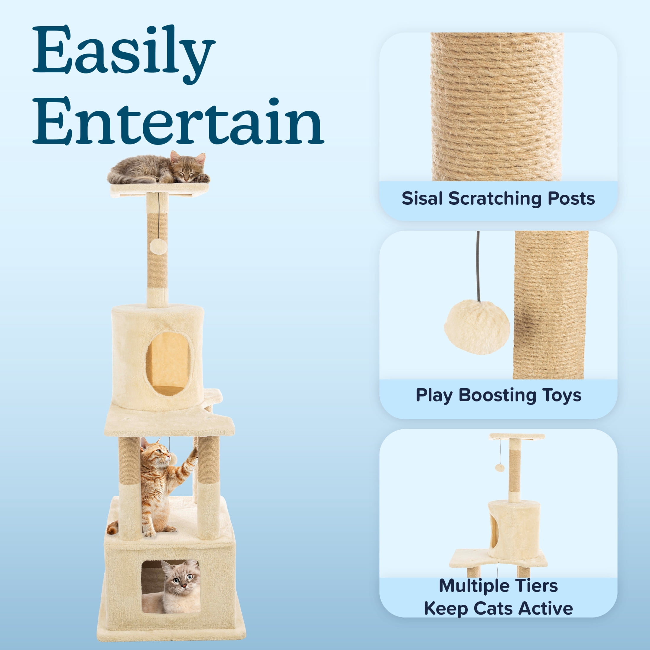 PETMAKER 57in Tall Cat Tree with Kitty Condos, Perches, Scratching Posts, and Hanging Toy (Beige)