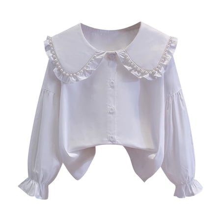 Efsteb Girls Long Sleeve Shirts Fall Fashion Thin Shirt Solid Color Casual Loose Comfy Tops Shirt (White 13 Years)