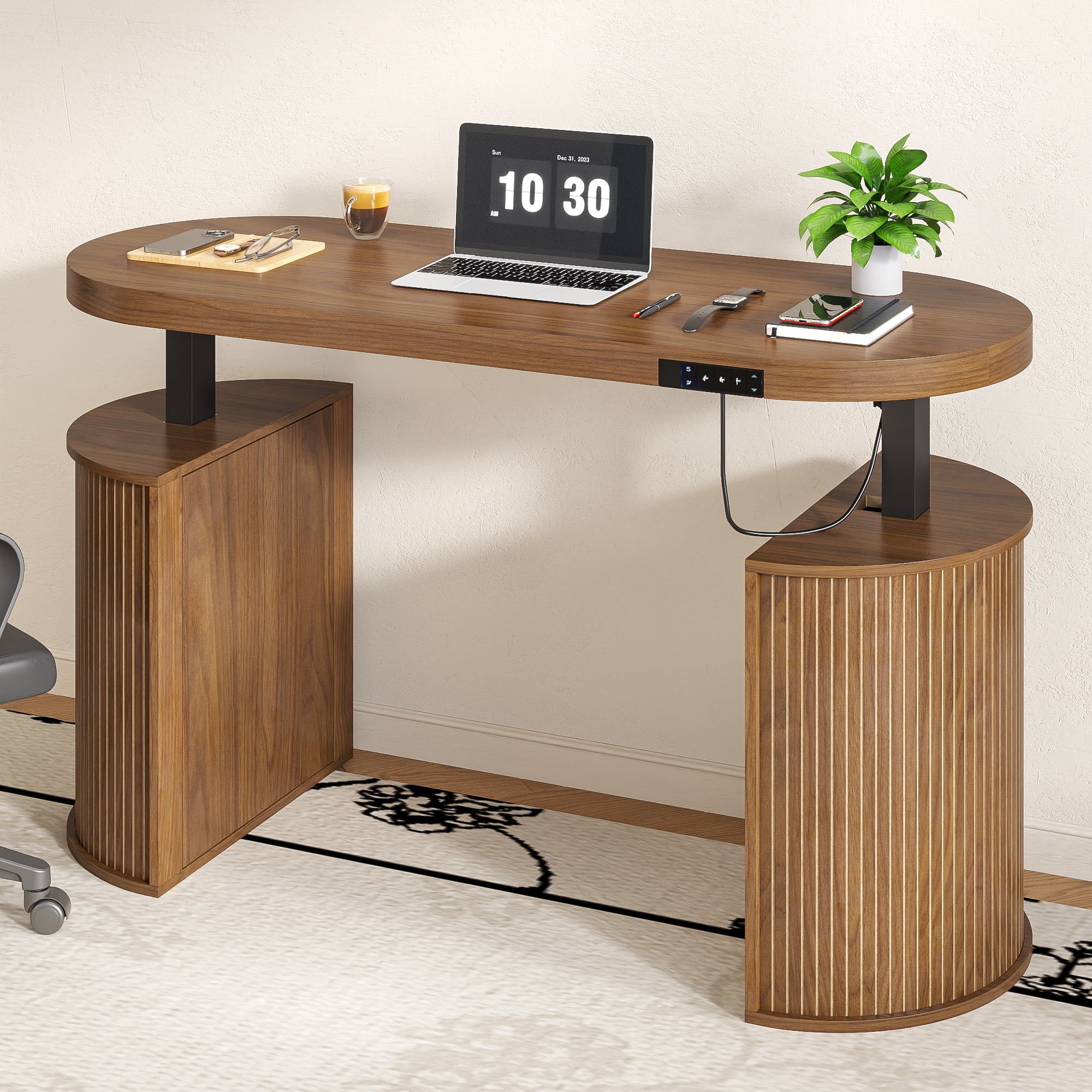 Modern Electric Standing Desk, Height Adjustable Computer Desk for Home Office, Laptop, Walnut