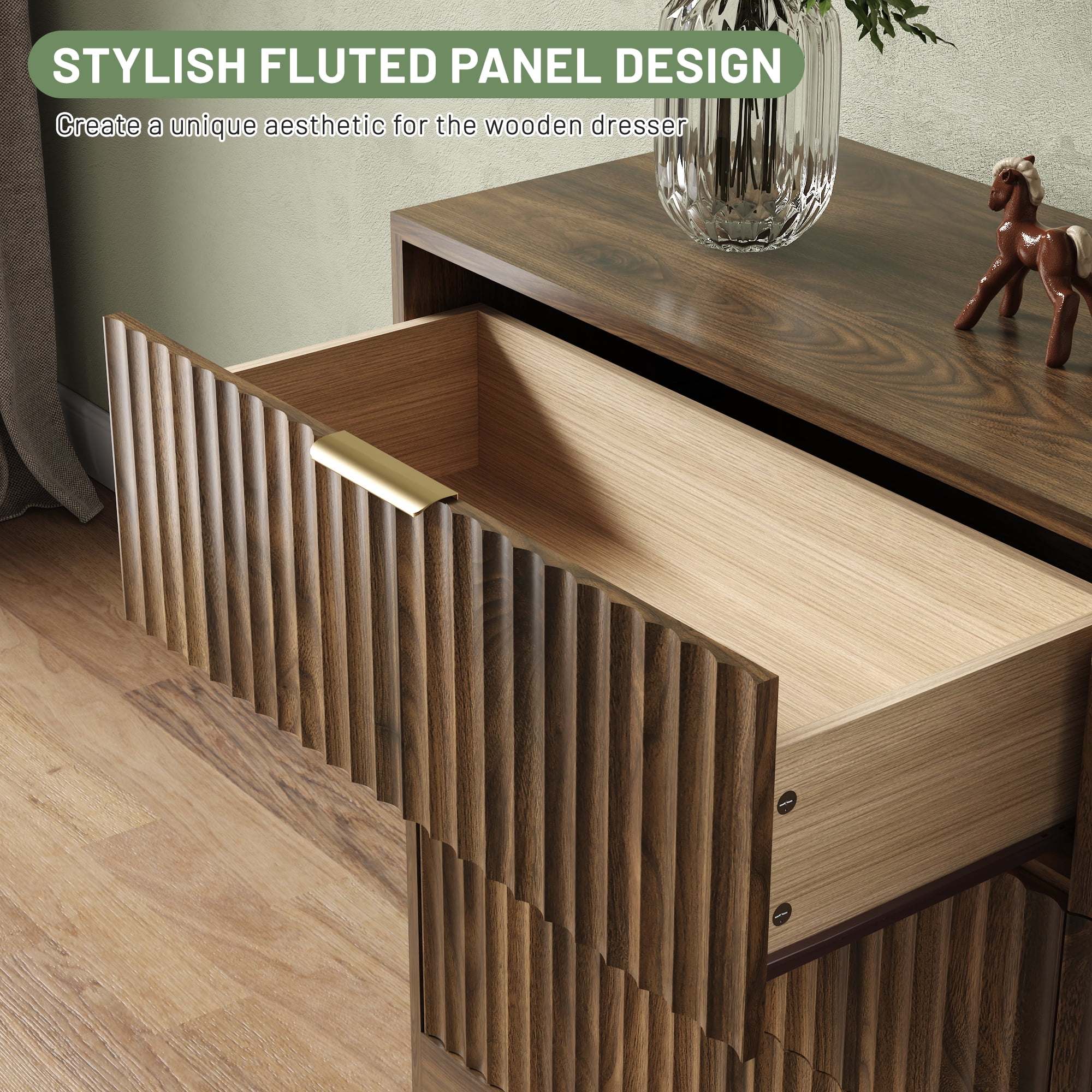 ASTUVIA 55.1" W Fluted 6 Drawer Dresser for Adult,Wooden Bedroom Dresser,Dresser TV Stand up to 65" for Living Room,Brown