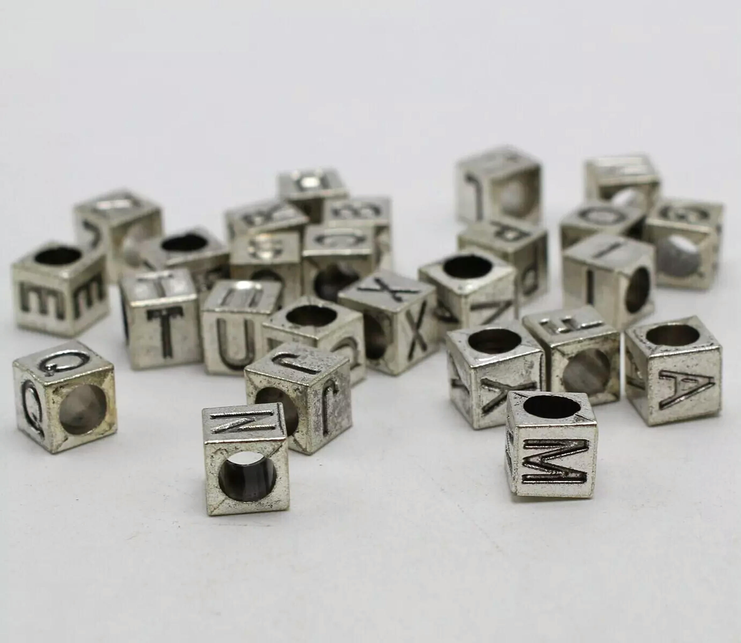 EOEMY 130 Silver Tone Alloy Alphabet Letter "A-Z" Cube Euro Beads 7X7mm Slide Charm