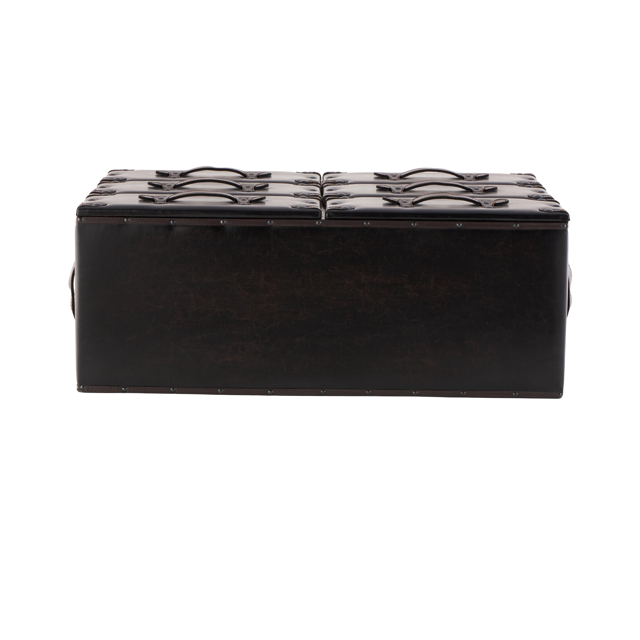 DecMode 32" x 28" Black Wood Vintage Faux Leather Chest with Rivets and Straps Detailing, 1-Piece