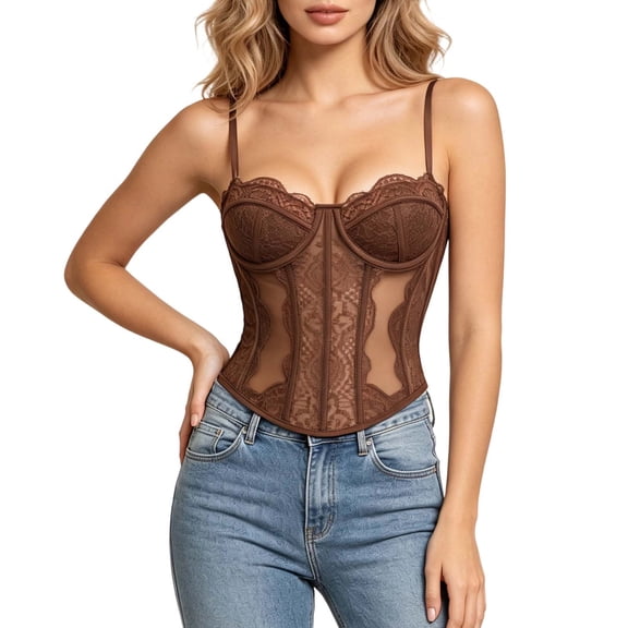 LEAVINGSUO Corset Tops for Women Court Style Floral Lace Spaghetti Strap Shaping Top Slim Waist Pointed Hem Bustier Daily Dating Outf Brown XS
