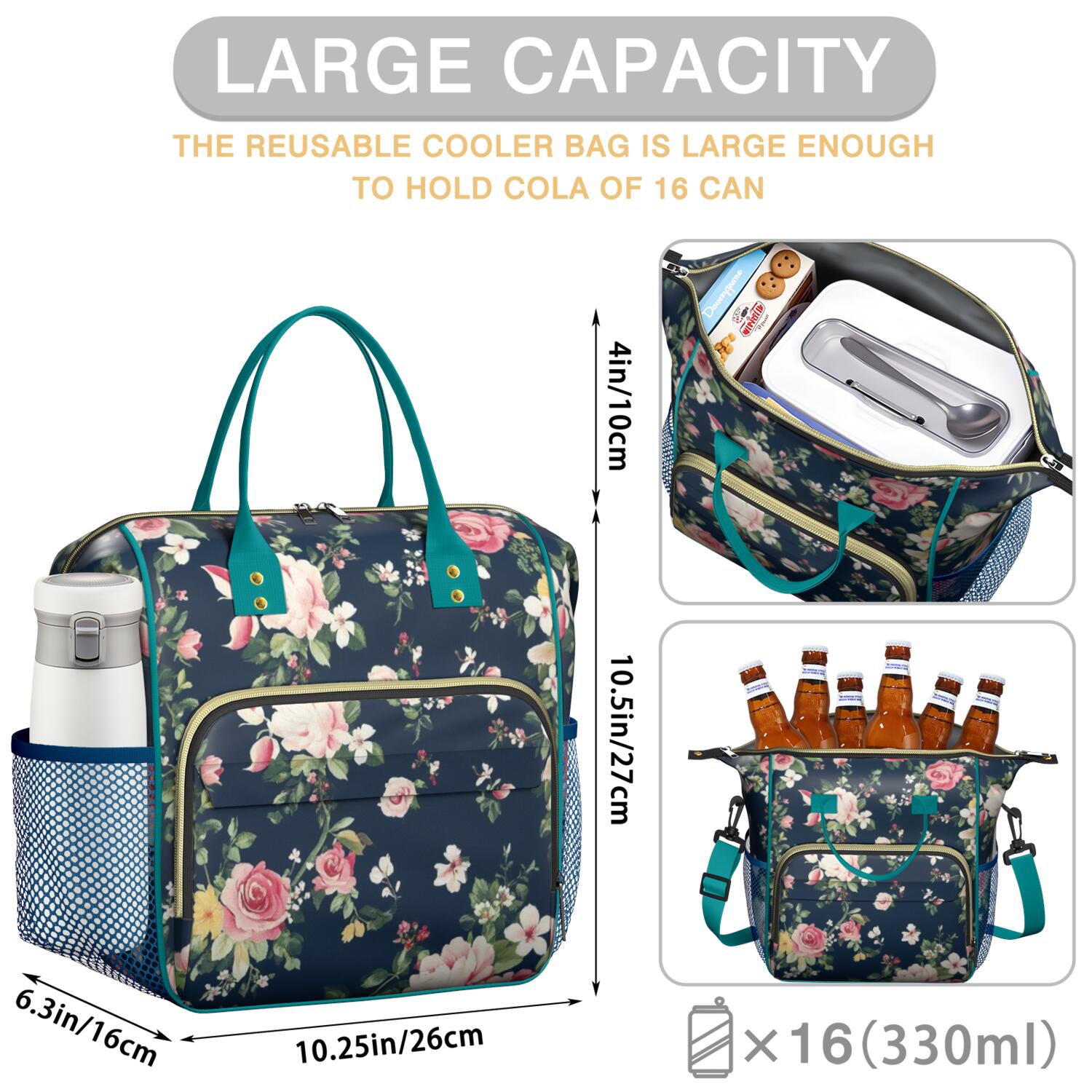 Pioneer Flower Floral Print Pattern Womens Lunch Box for Work,Insulated Large Lunch Bag for Tween and Teen,Loncheras Para Mujer,Leakproof Adult Lunch Bag for Work,Beach,Travel,Picnic,Camping