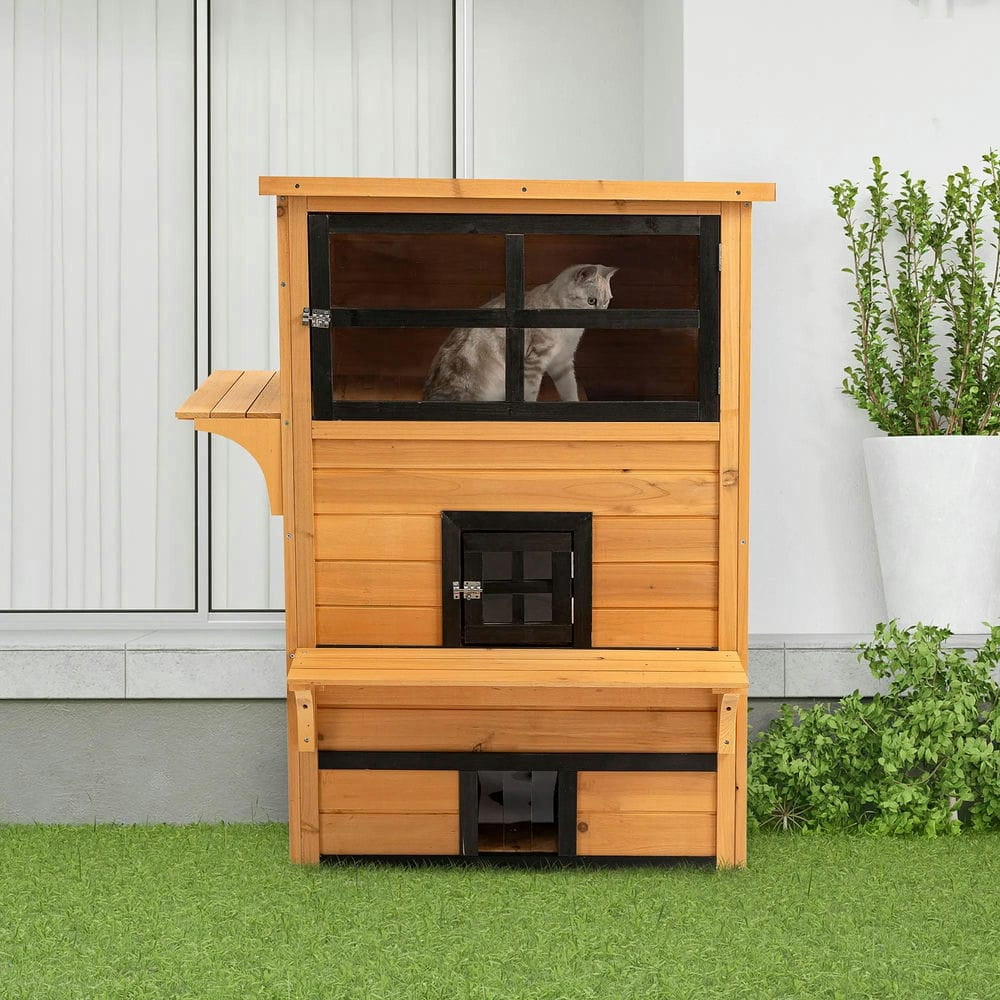 Topcobe Outdoor Cat House, 3-Tier Kitty Shelter with 5 Escape Doors, Weather Resistant, Outdoor Wooden Feral Cat Shelter, Yellow & Black