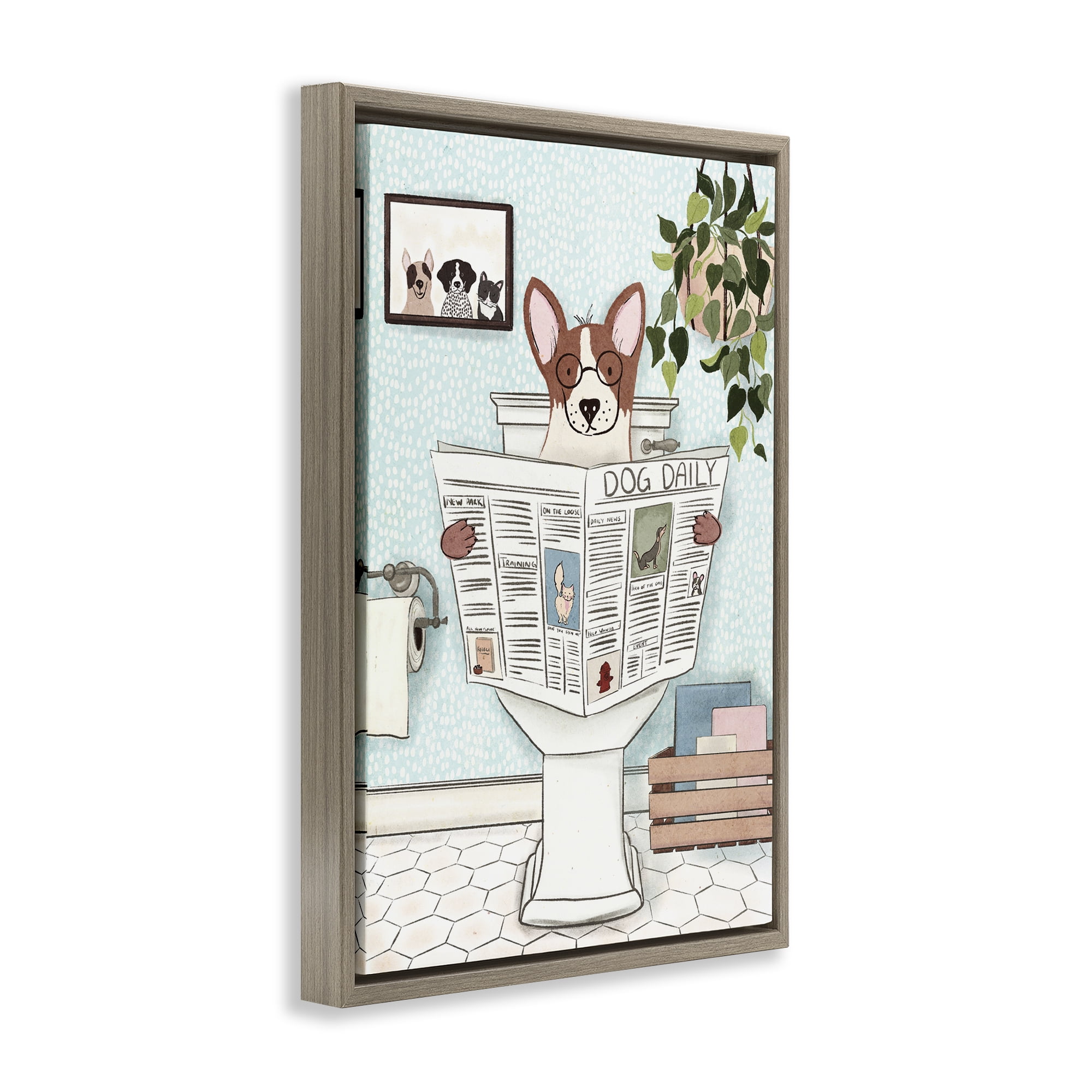 Stupell Industries Dog & Newspaper Bathroom Bath & Laundry Painting Brown Floater Framed Canvas Art Print Wall Art, 21 x 31