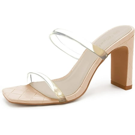

Womens Square Open Toe Heeled Sandals Two Strap High Heel Backless Dress Slip On Mules