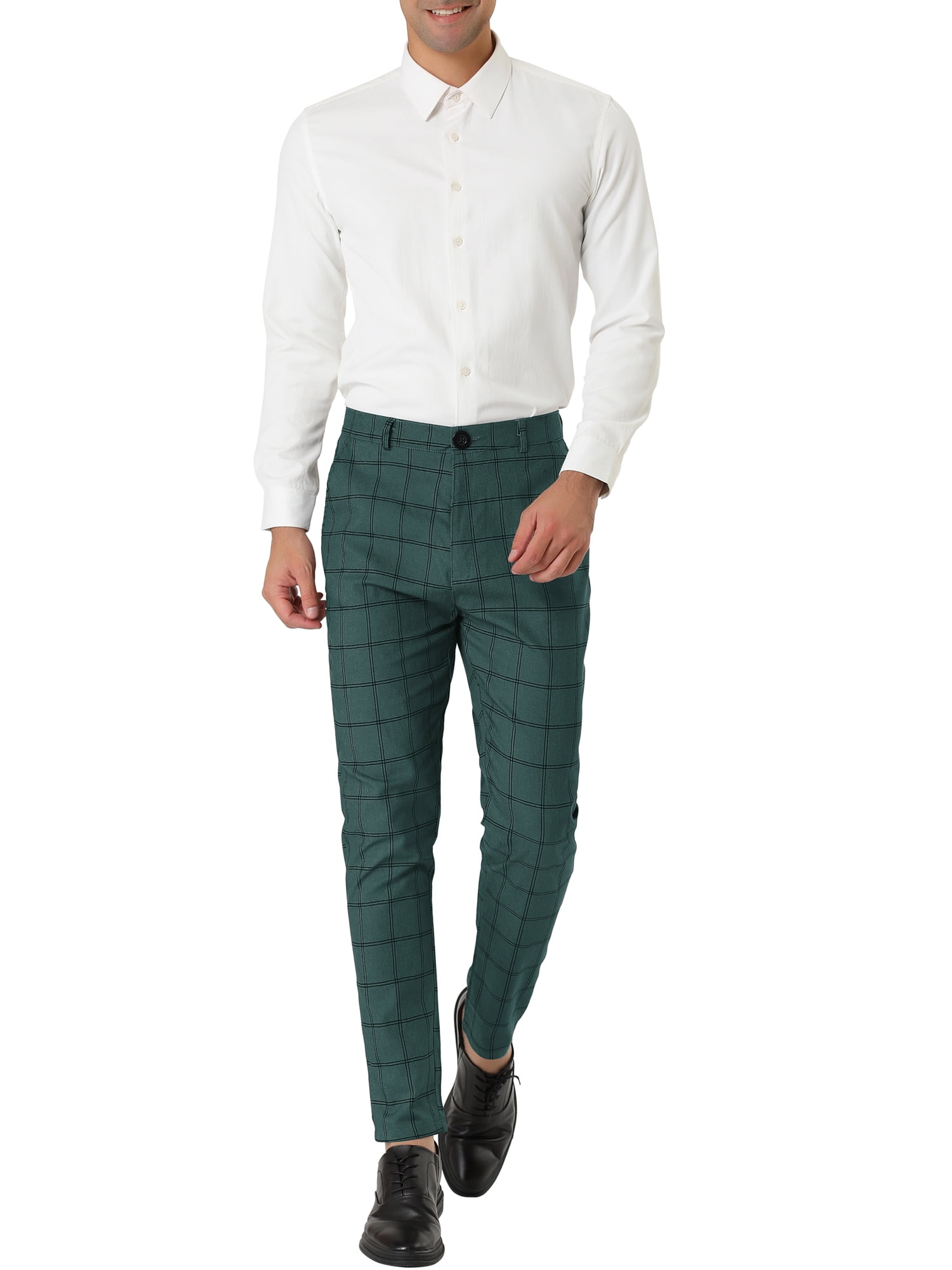 Unique Bargains Men's Slim Fit Plaid Business Pants Trousers with Pockets 32 Dark Green