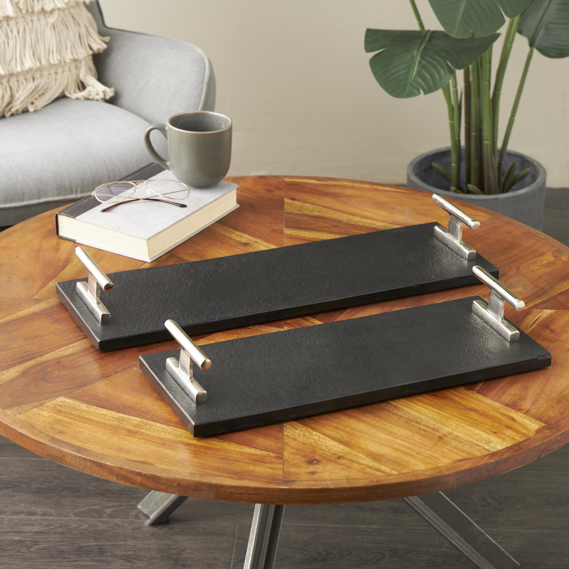 DecMode 22", 18"W Black Marble Textured Tray with Silver Handles, 2-Pieces