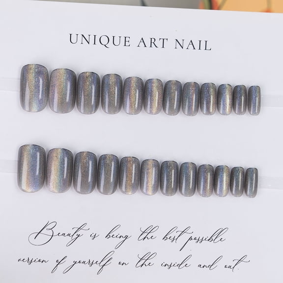 DUAIU Press on Nails Extra Short 24PCS,Rainbow Black Cat Eyes Handmade Fall Gel Glue on Nails,Glossy Round Reusable UV Finish Fake Nails Acrylic False Nails Manicure Kits for Women