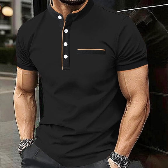 Men's Summer Mesh Stand Collar Short Sleeve 4-Button Top Shirt Casual Fashion Breathable Quick Dry Cooling Sun Protection Beach Vacation Travel Outfits Modern Essential | JASKFLY,Black L