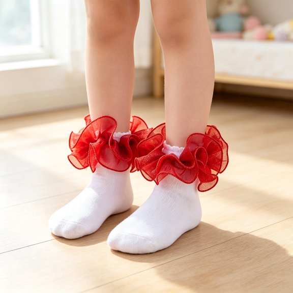 CHCNHAC Girls Lace Trim Dance Socks White Cotton Ankle Socks with Red Flower Ruffles Ballet Socks for Toddlers Kids Princess Performance Accessories Age 4-6