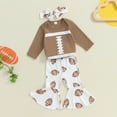 thumbnail image 3 of Toddler Baby Girls Fall Outfit Rugby Print Romper Flared Pants Clothes Set Hair Band 3Pcs 3 6 Month Girl Clothes, 3 of 7