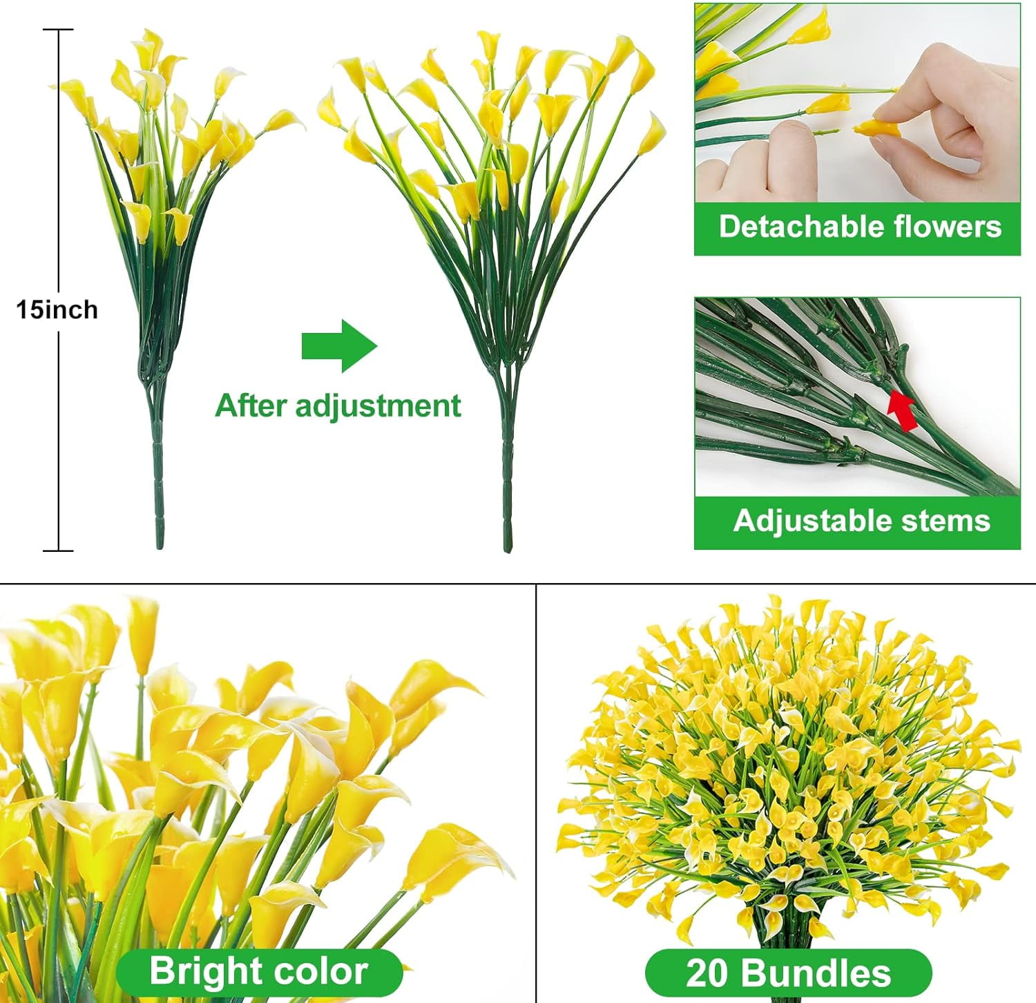 Artificial Flowers for Outdoors Fake Calla Lily Flowers Faux Plastic Plants UV Resistant Spring Summer Flowers for Garden Porch Patio Office Window Box Table Home Decorations, Yellow