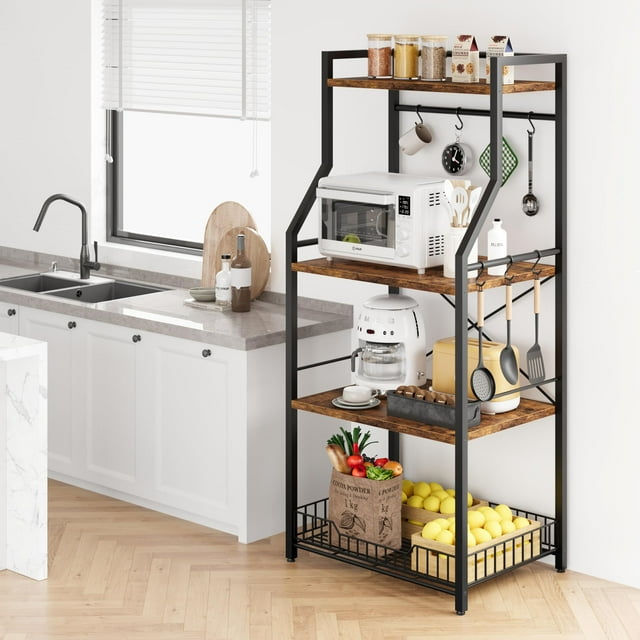 EastVite Kitchen Bakers Rack,Microwave Oven Stand with Large Wire Basket,Industrial Coffee Bar Station,4-Tier Kitchen Utility Storage Shelf with 8 Hooks
