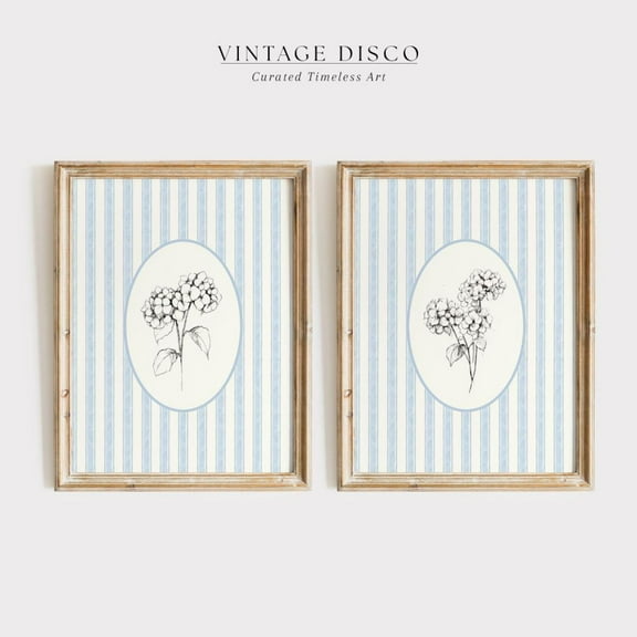 Luvia French Country Hydrangea Sketch Set Of 2 Nancy Meyers Inspired Cottagecore Decor, Vintage Floral, Striped Botanical, Modern Wall Decor Set 2 Prints 8x12 UNFRAMED