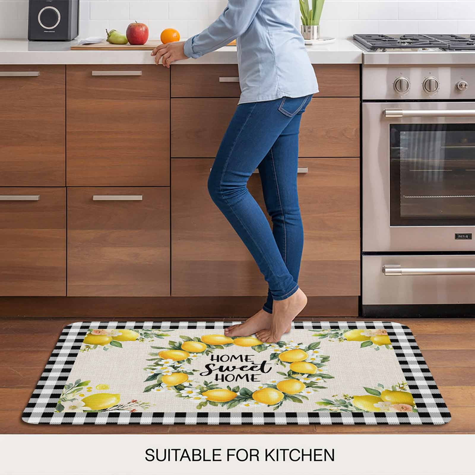 Summer Lemon Doormat Outdoor Entrance 20"x31.5", Farmhouse Black Check Plaid Vintage Absorb Moisture Dirt Door Mats, Non-Slip Rubber Backing Floor Mats Indoor, Low-Profile Front Door Rugs