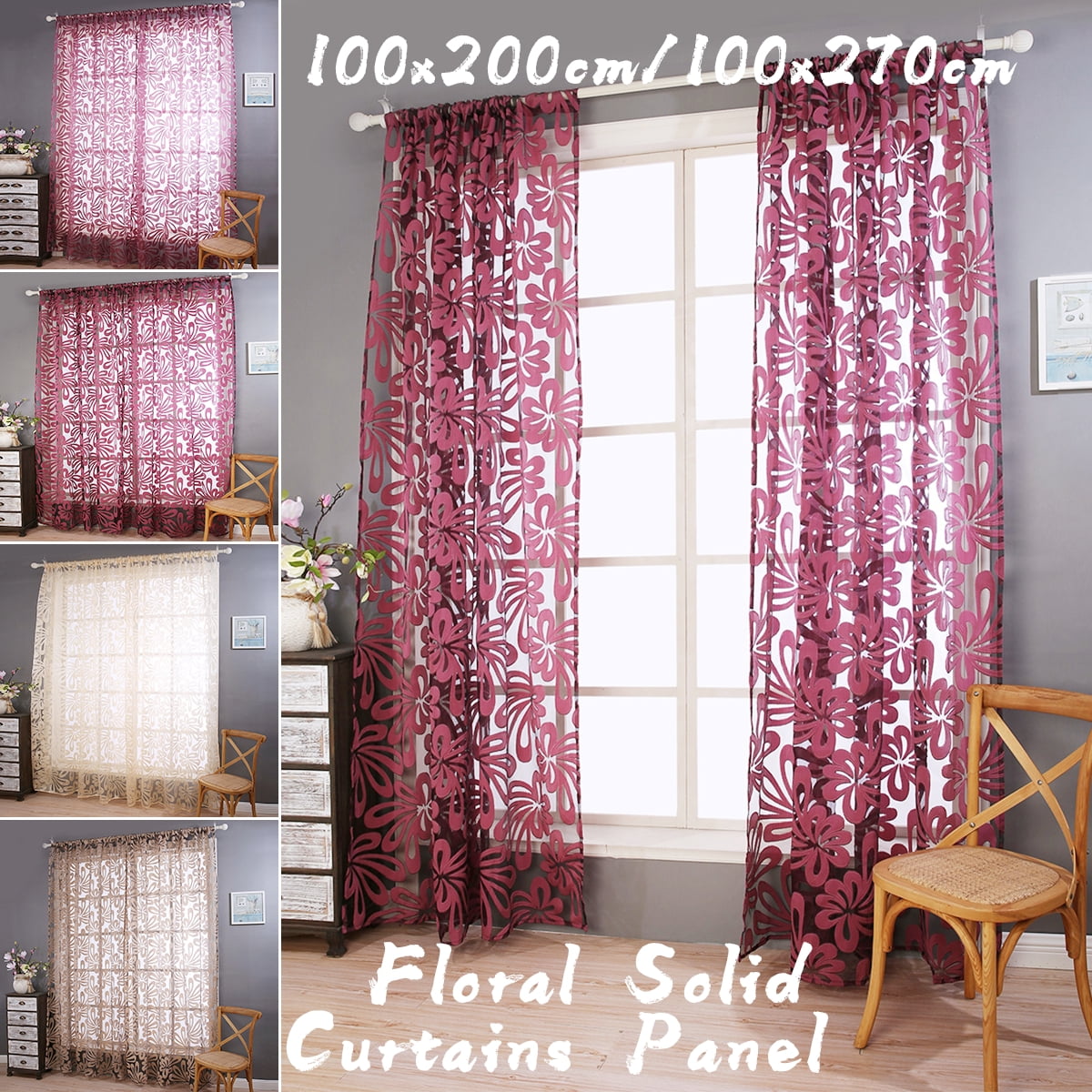 Floral Voile Window Curtain Blackout Tulle Curtain Living Room Drape Panels 