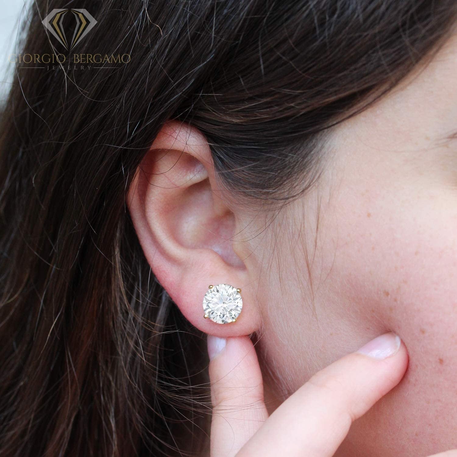 925 Sterling Silver 3mm - 10mm Round Cut Yellow Gold Plated Unisex Classic Clear Cubic Zirconia CZ Stud Earrings, Giorgio Bergamo 10mm