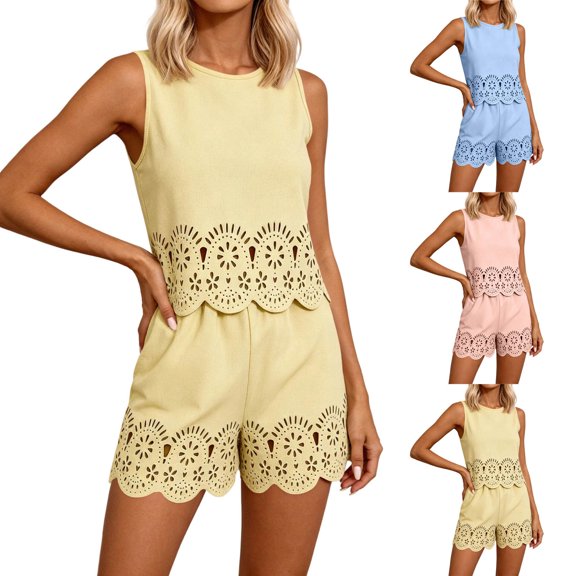Purcolt 2 Piece Outfits for Women Summer Sleeveless Hollow Out Shorts Set Round Neck Matching Lounge Vacation Beach Casual Outfit