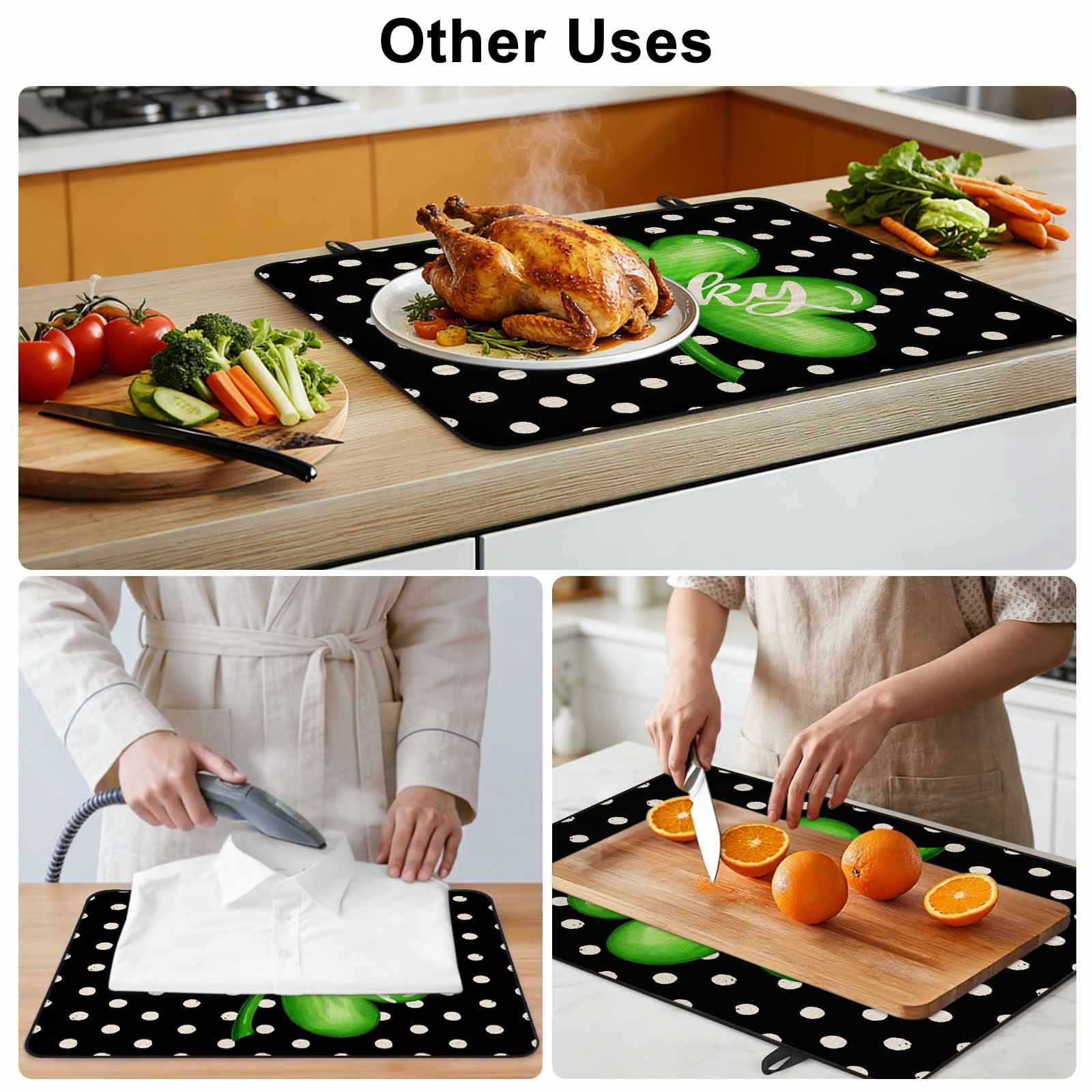St. Patrick's Day Stove Top Cover for Electric Stove, Heat-proof & Non Slip Glass Top Stove Cover Protector, Green Lucky Black White Polka Dots Kitchen Flat Cooktop Rubber Mat 24x21 Inches