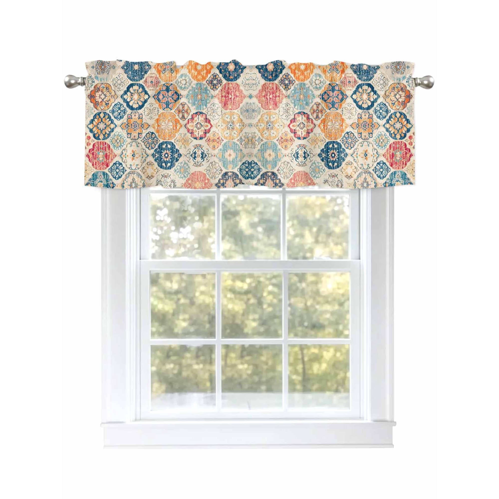 Boho Morocco Curtain Valances for Windows, Retro Farmhouse Ethnic Neutral Aesthetic Kitchen Valance Window Treatment, Light Filtering Block Curtains for Bathroom/Bedroom/Living Room 42'' x 18''