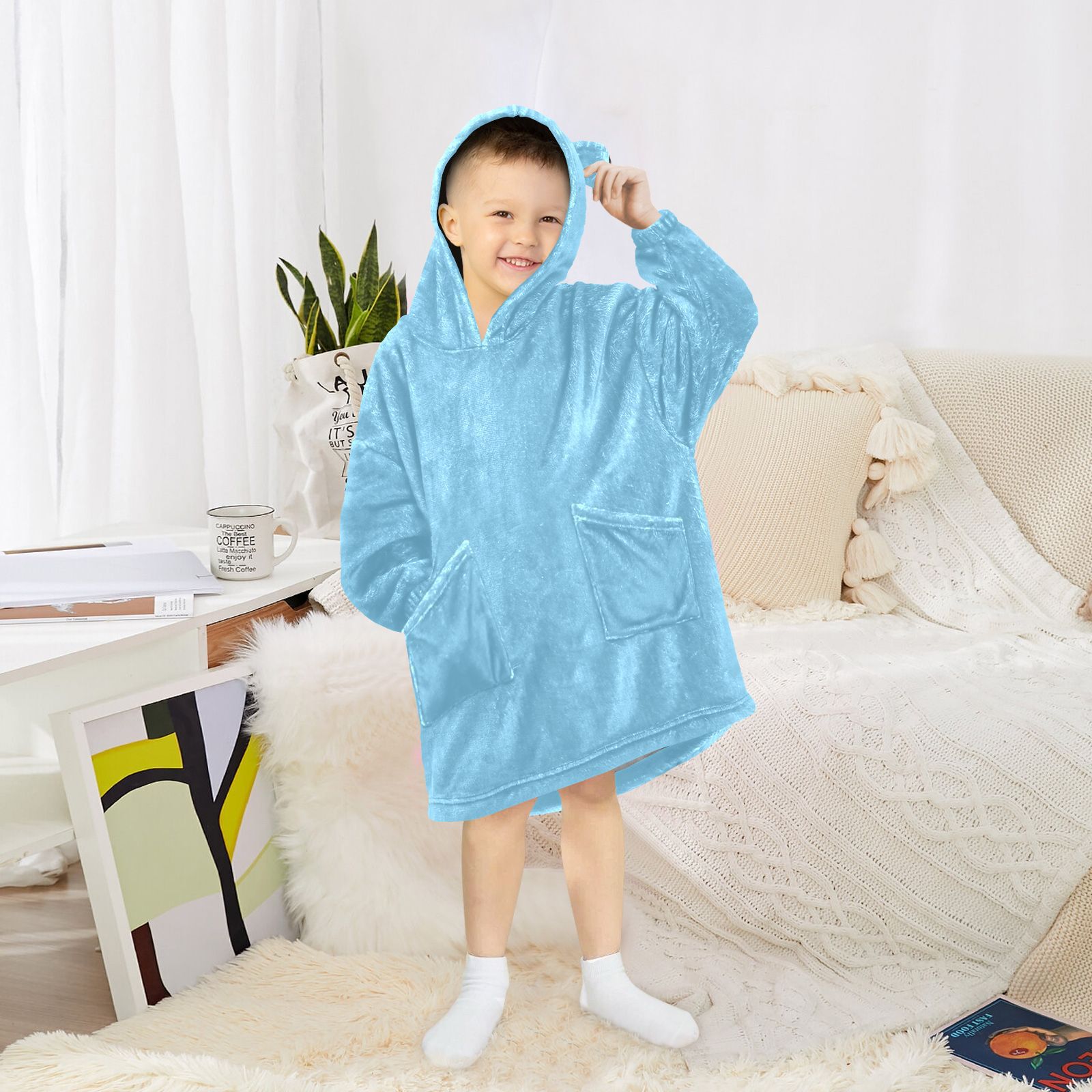 Blue Color Oversized Wearable Blanket Hoodie Sweatshirt Flannel for Unisex Girls Boys