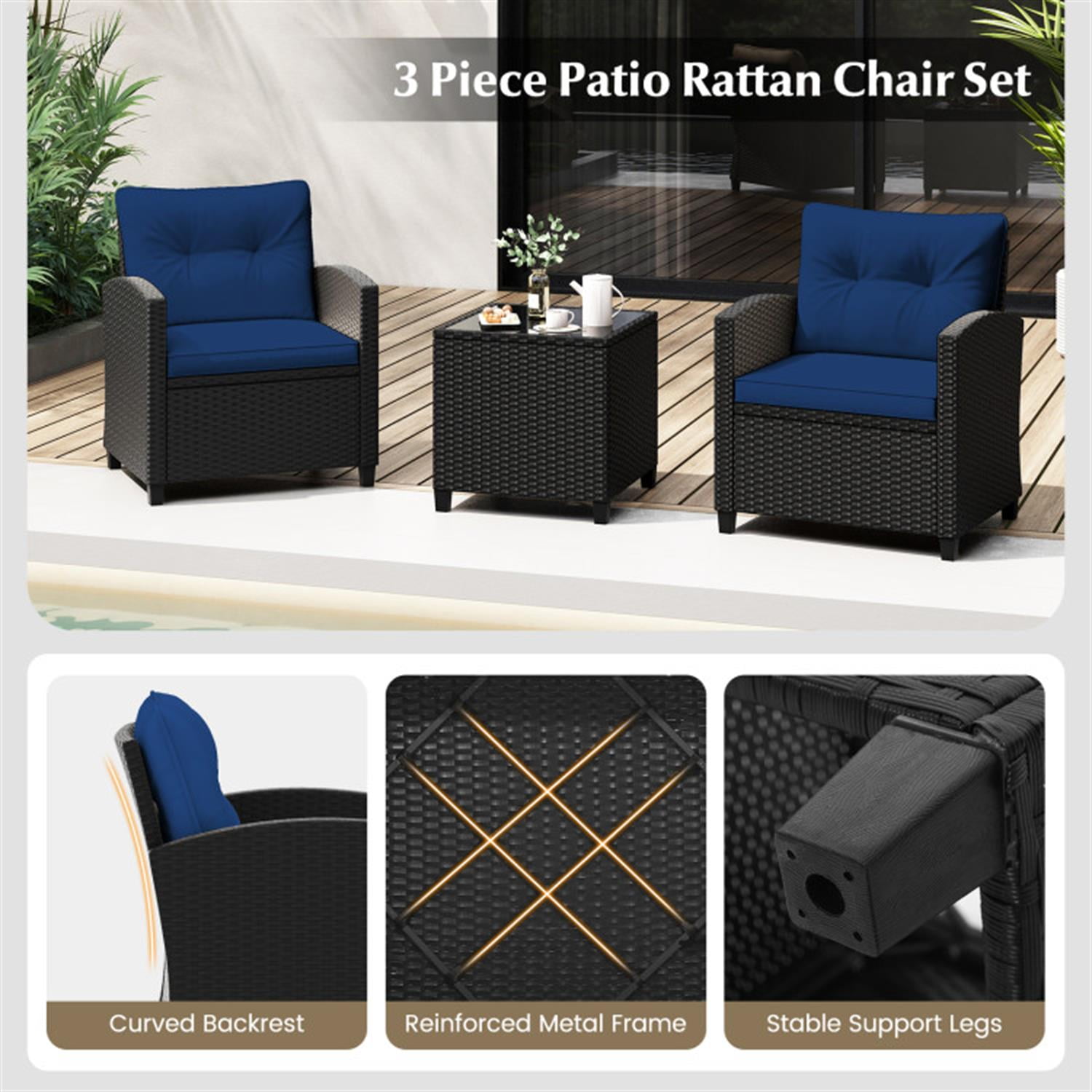 Demi Bonn 3 Pieces Rattan Patio Furniture Set with Washable Cushion, Conversation Armchairs for Garden Poolside Balcony, Navy