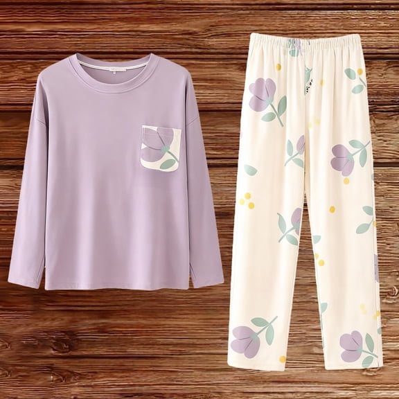 Pajamas for Women Set Printed Fleece Pyjama Set Soft & Warm Loungewear Nightwear Long Sleeve Top