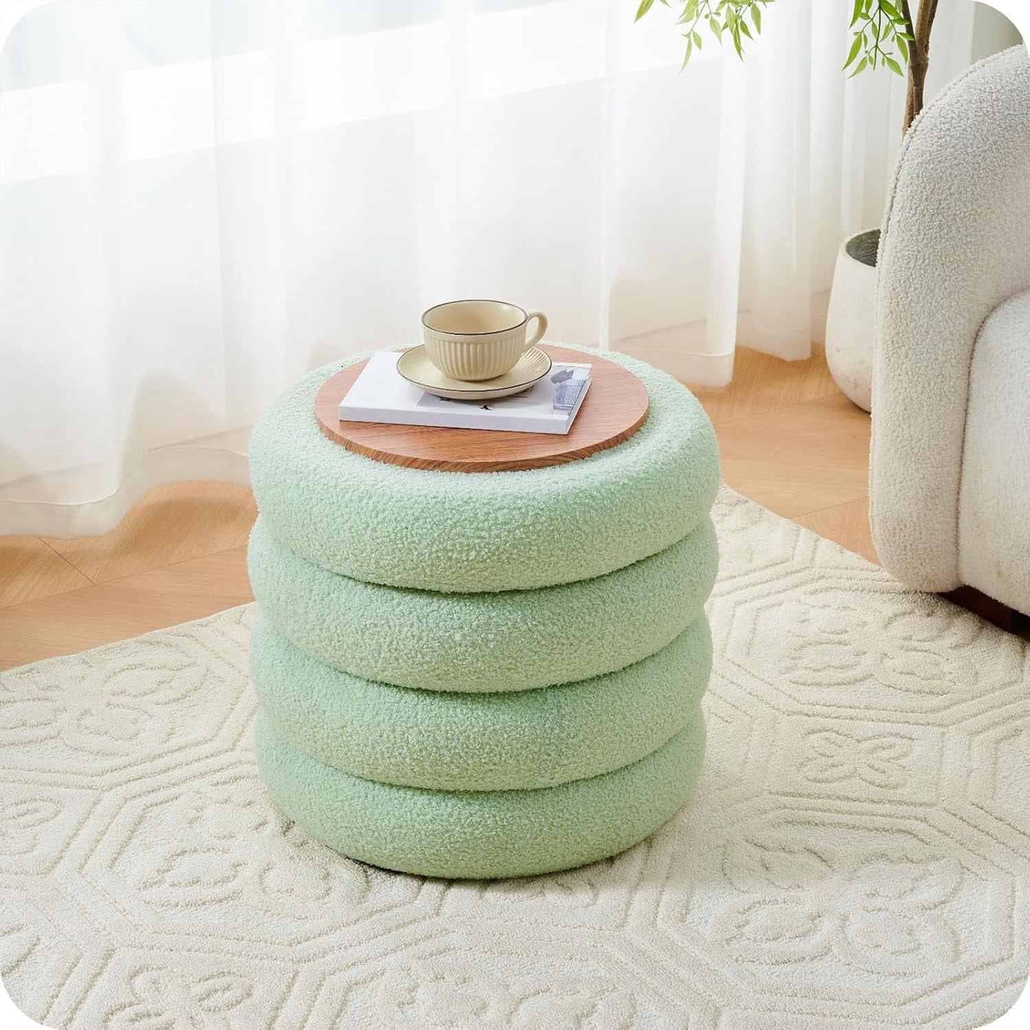 Casa Pura Furniture Round Storage Ottoman, Modern Sherpa Footstool, Teddy Vanity Stool with Flip-Top Tray, Makeup Chair for Home Decor, Upholstered Footrest for Living Room & Bedroom